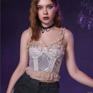 Romwe cropped metallic/cream bustier, ruffled hems, straps adjust; sz m, perfect